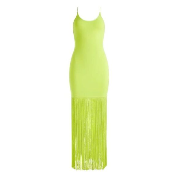 Alice + Olivia STEPH SCOOP NECK FRINGE DRESS in citron size 8 NWT - Picture 6 of 11